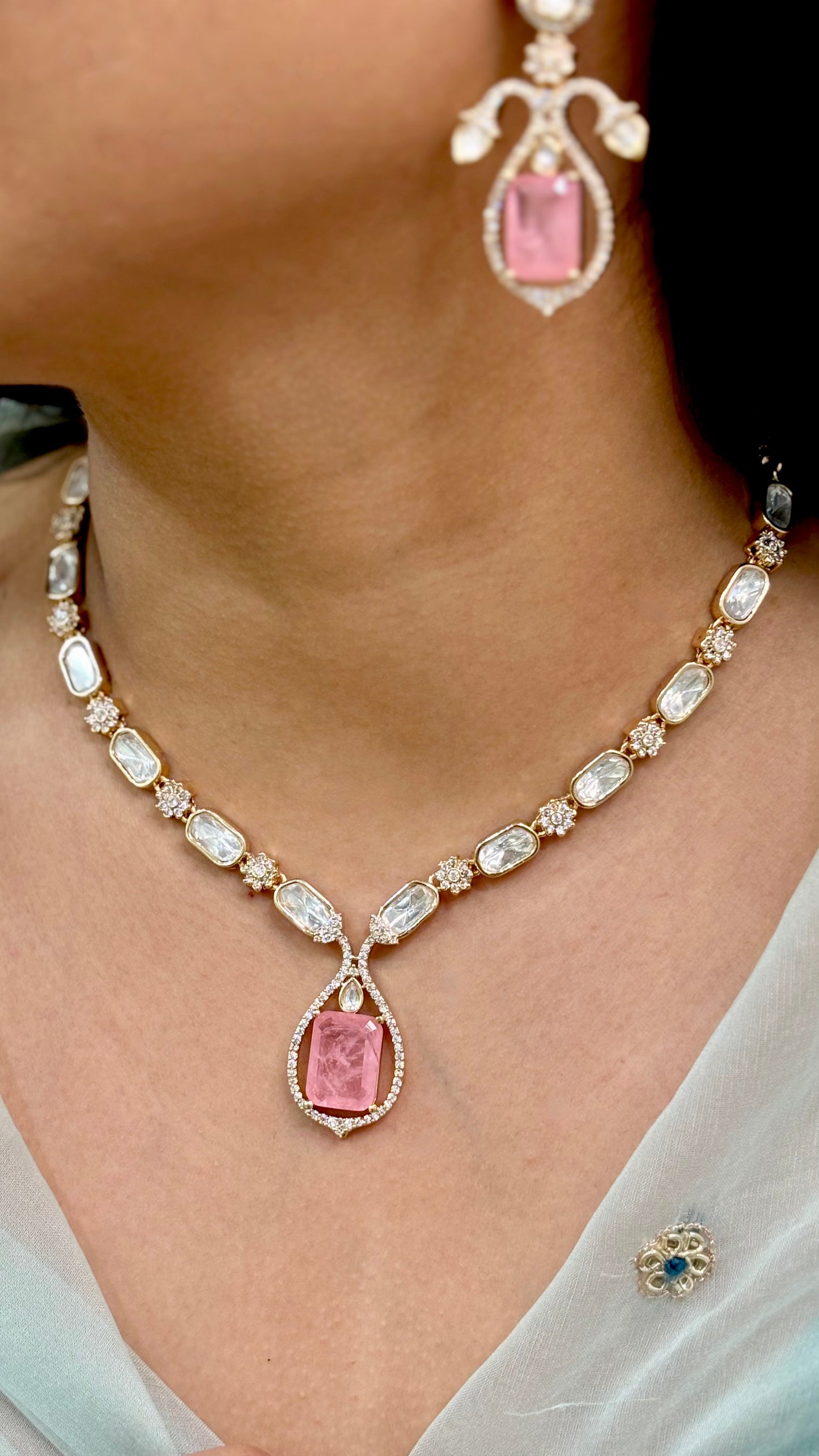 Blush Elegance Kundan & Polki Necklace Set