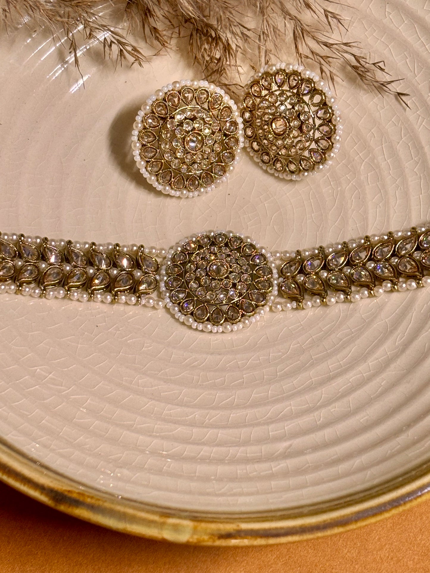 Timeless Beige & Kundan Choker Set with White Beads