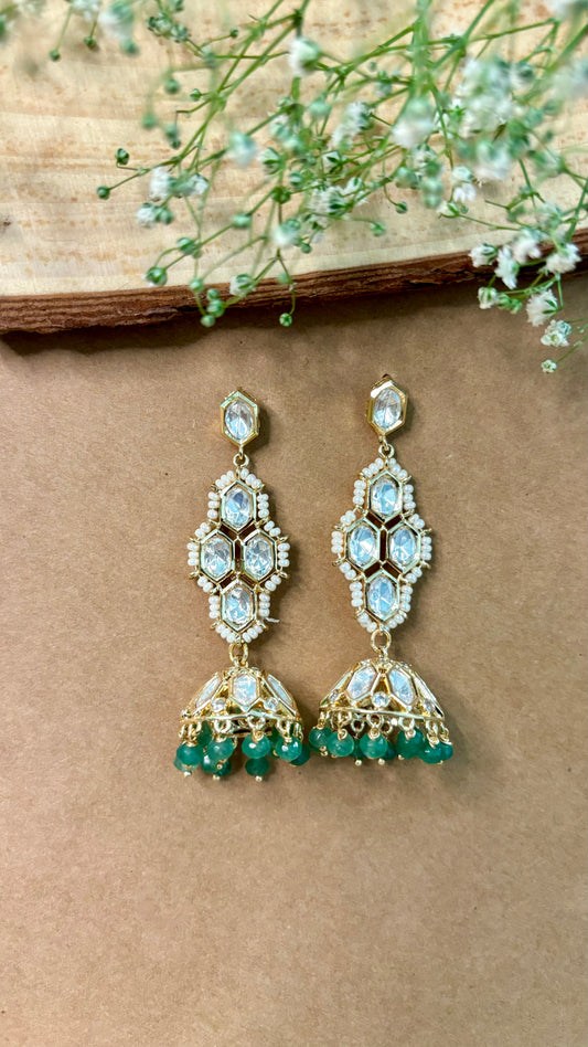 Exquisite Green Kundan Polki Jhumkas