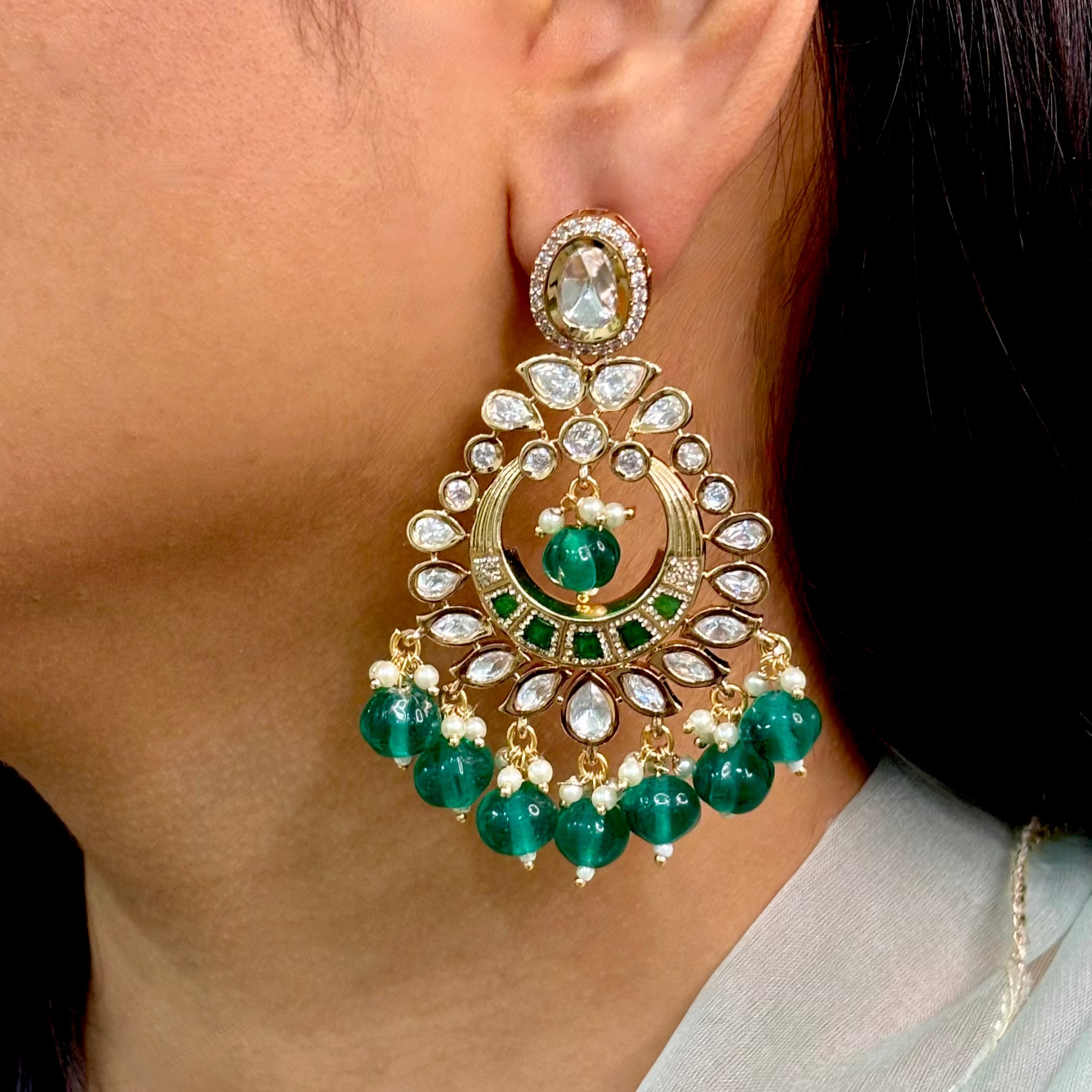 Regal Green Kundan & Polki Chaandbaali