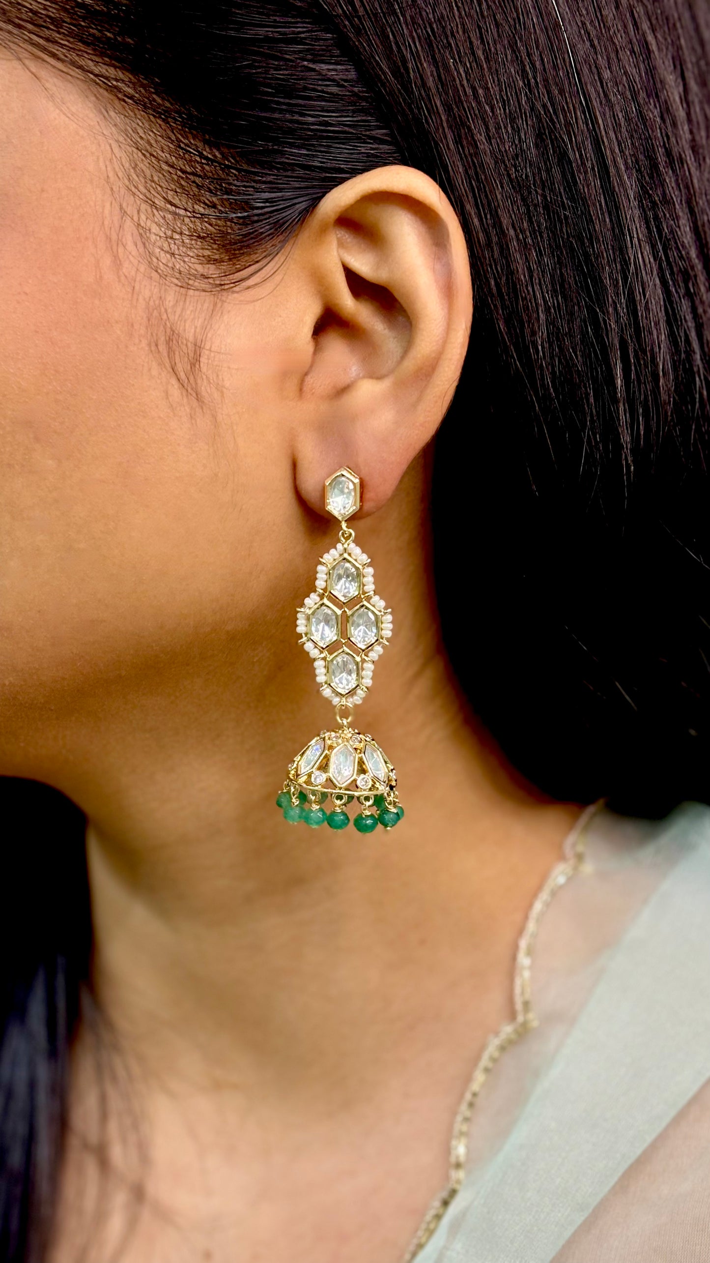 Exquisite Green Kundan Polki Jhumkas