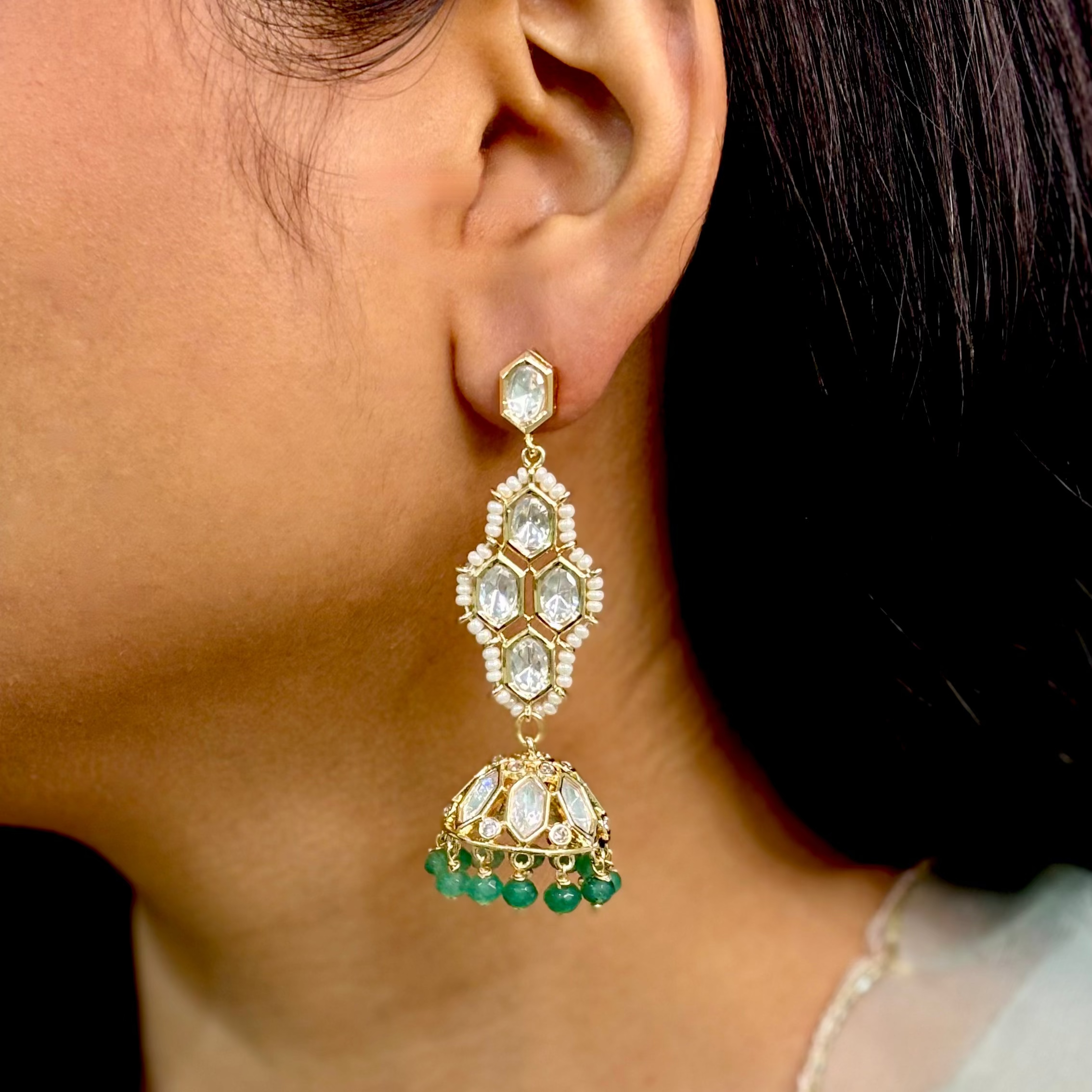 Exquisite Green Kundan Polki Jhumkas