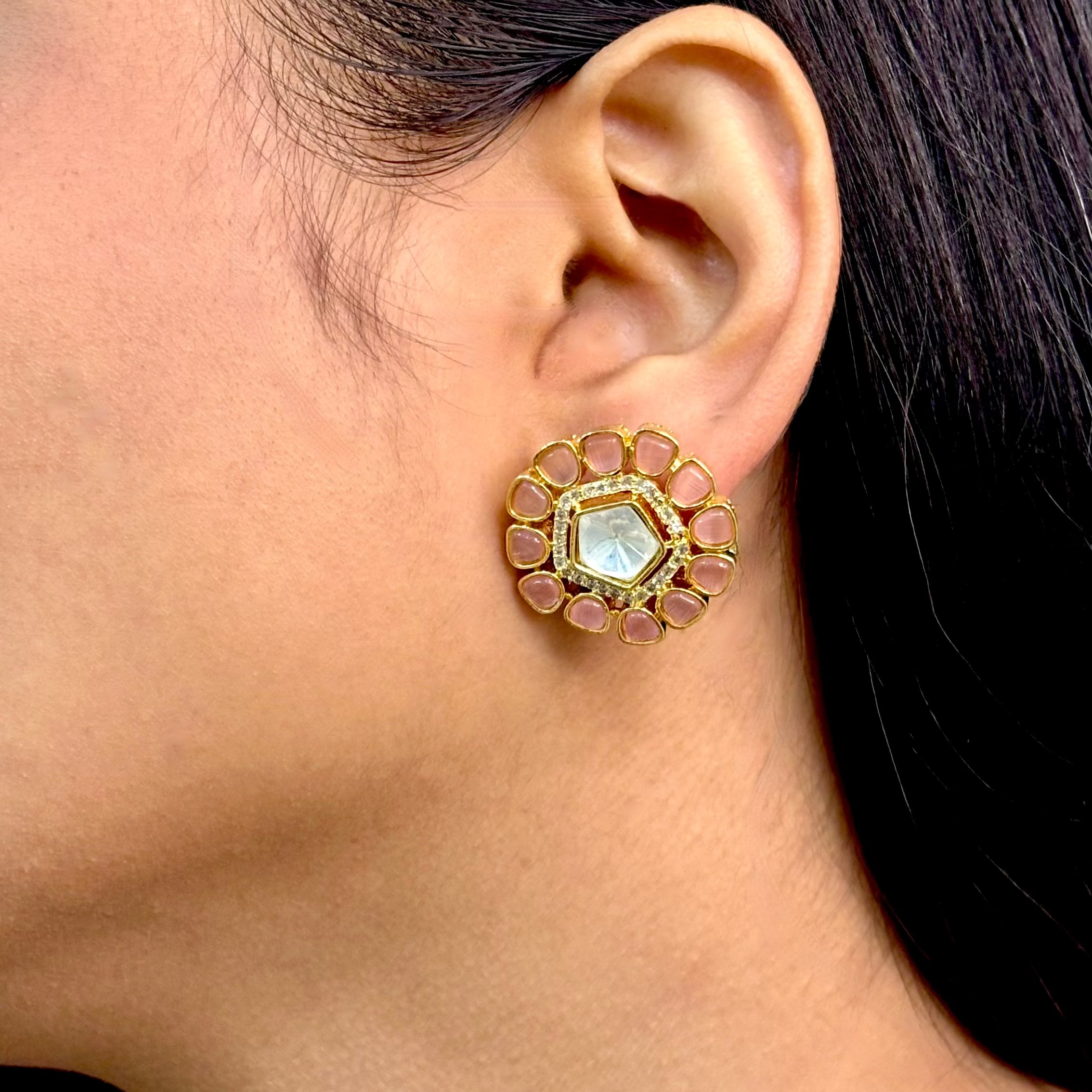 Graceful Pink Kundan & Polki Studs