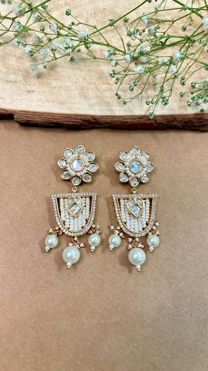 Lotus White Kundan Danglers