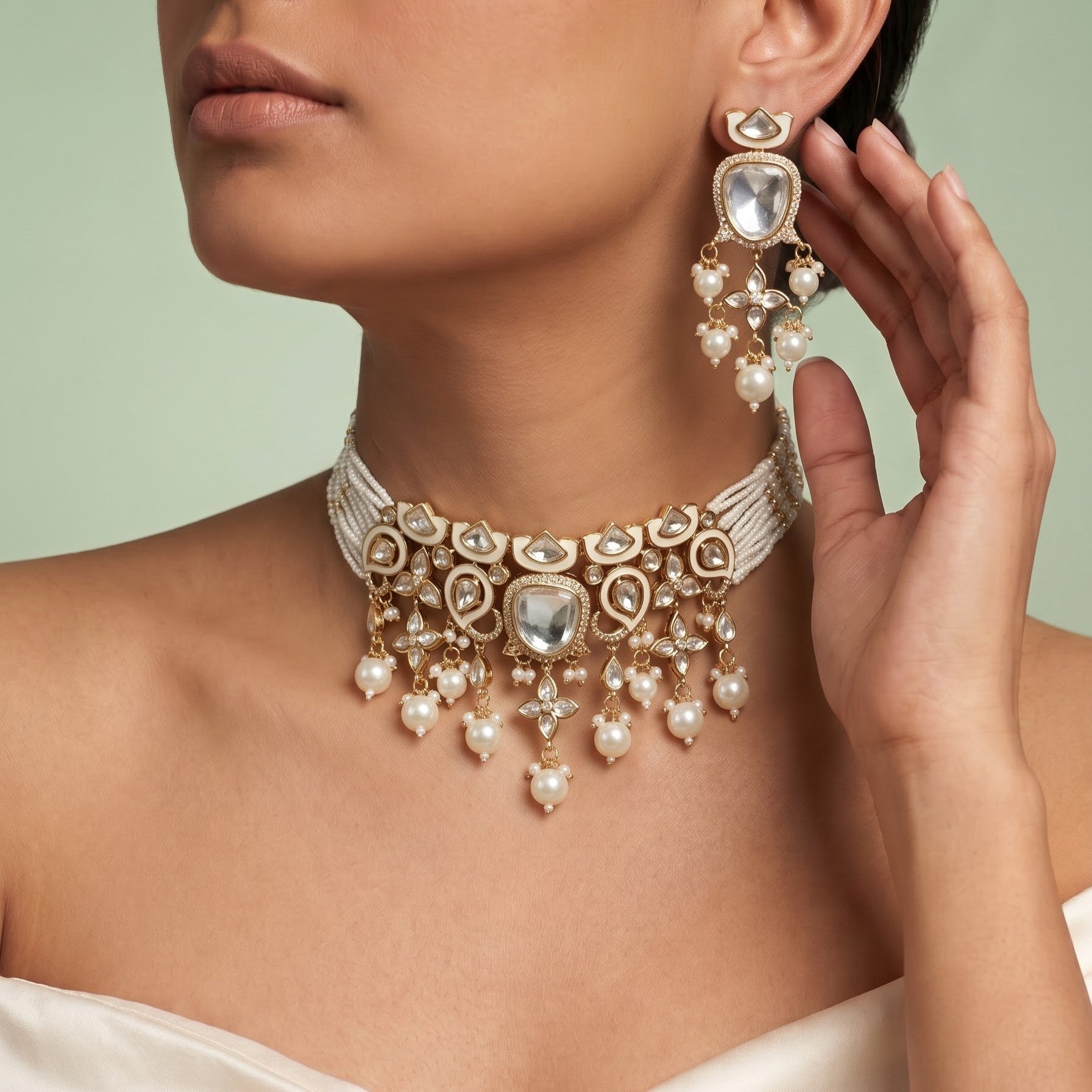 Luminous White Polki & Kundan Choker Set