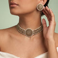 Timeless Beige & Kundan Choker Set with White Beads