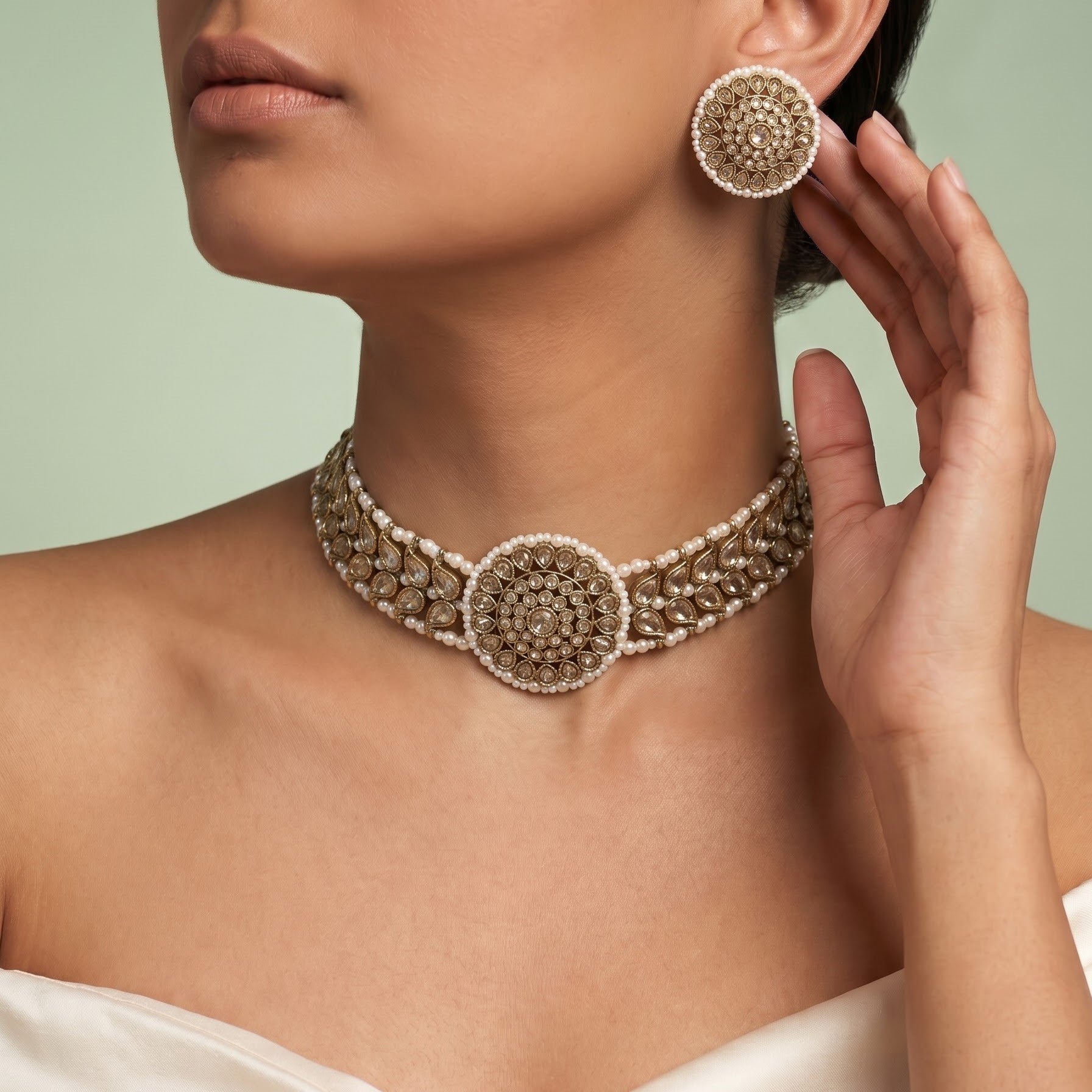 Timeless Beige & Kundan Choker Set with White Beads