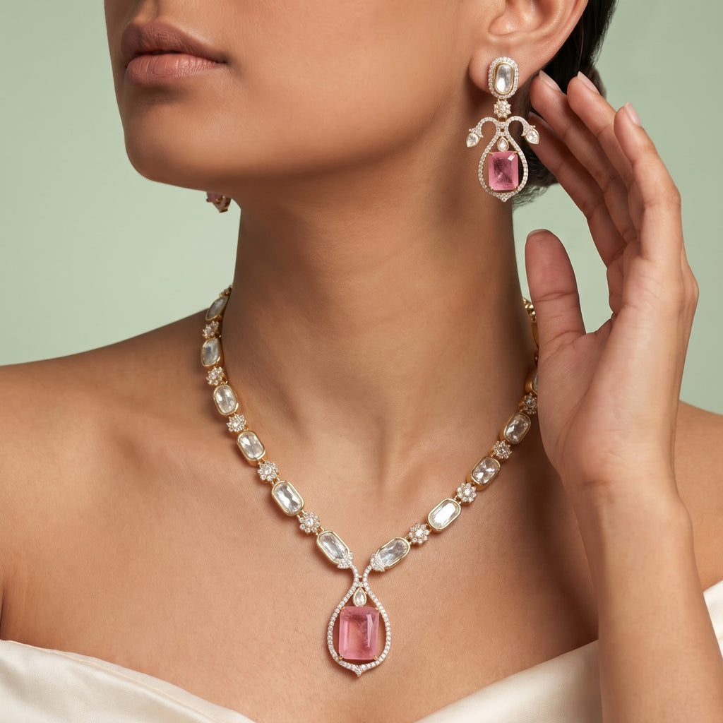Blush Elegance Kundan & Polki Necklace Set