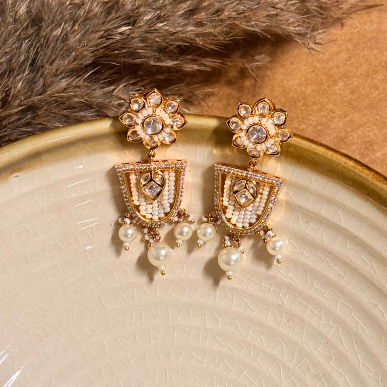 Lotus White Kundan Danglers