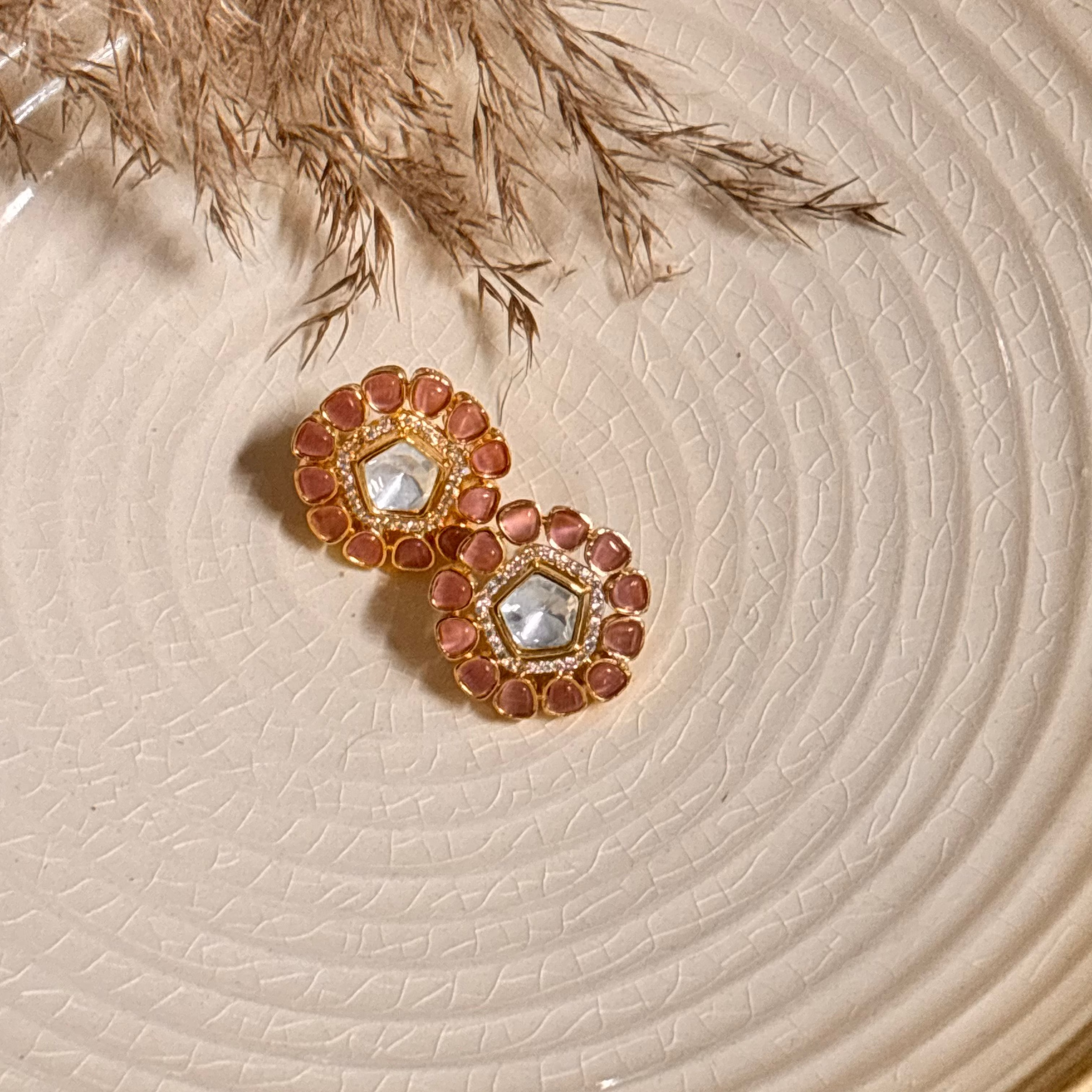 Graceful Pink Kundan & Polki Studs