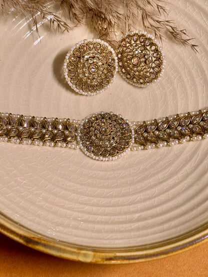 Timeless Beige & Kundan Choker Set with White Beads