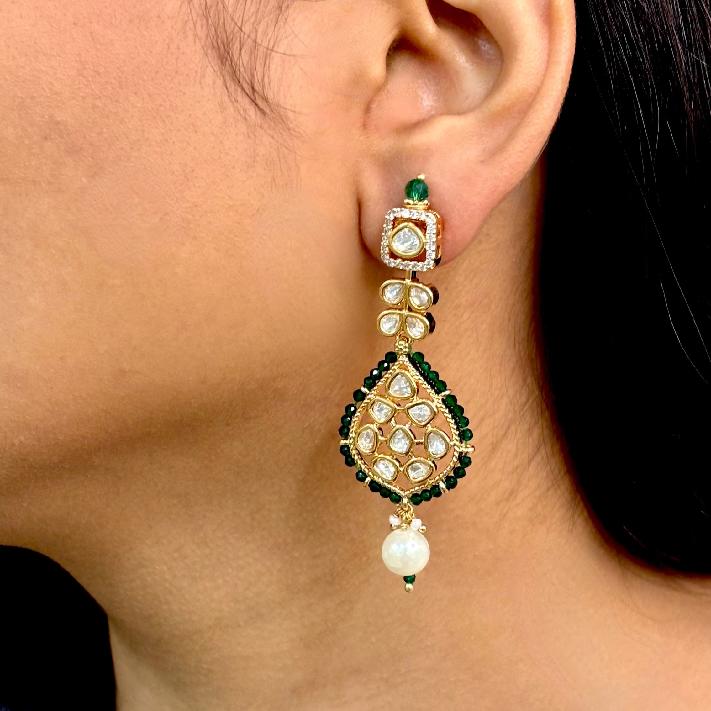 Modern Green Kundan Danglers