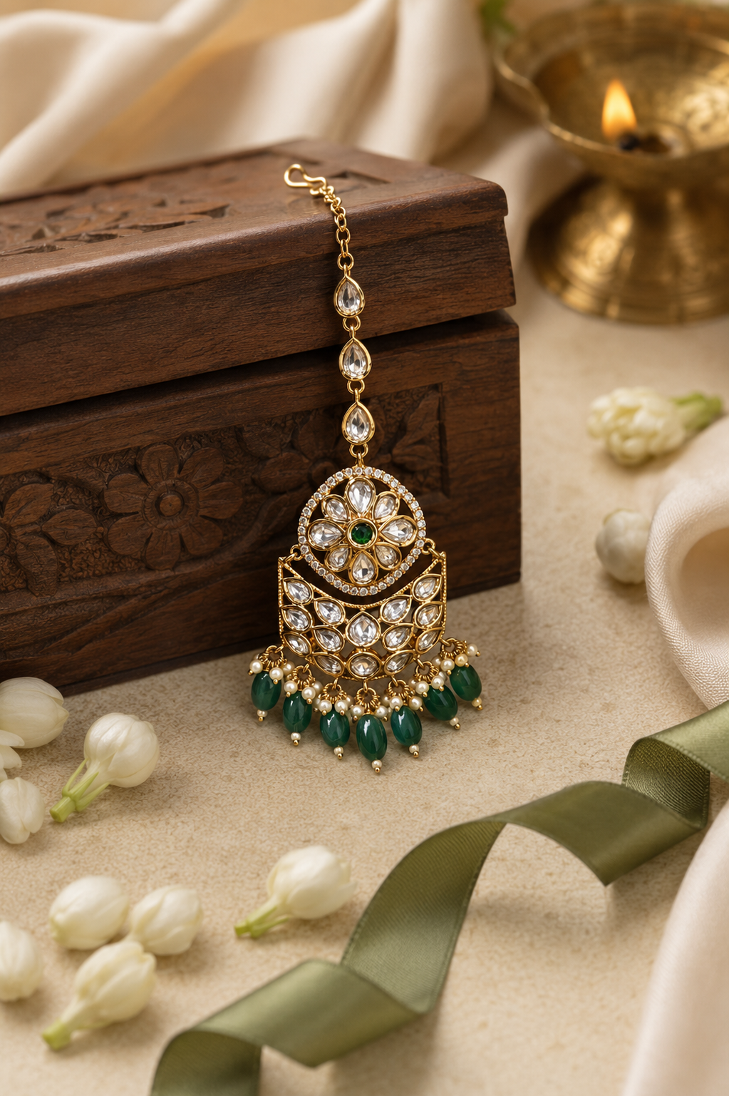 Emerald Majesty Kundan Maang Tikka