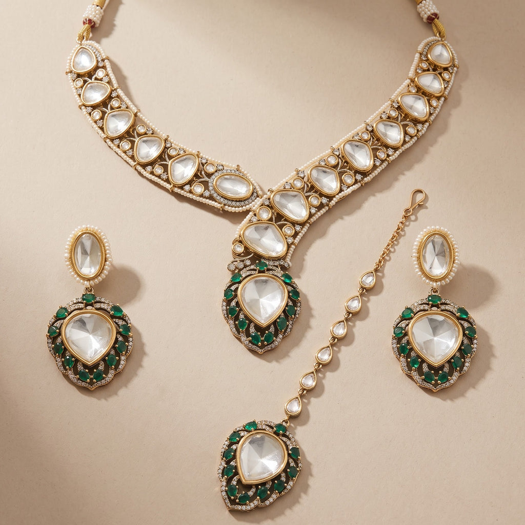 Emerald Bordered Uncut Polki Necklace Set with Maang Tikka