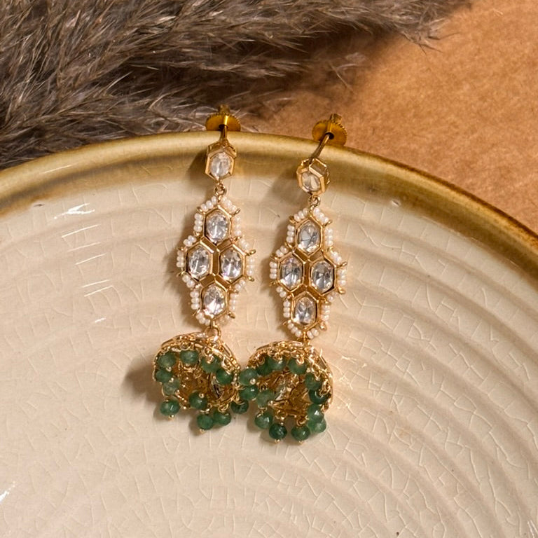 Exquisite Green Kundan Polki Jhumkas