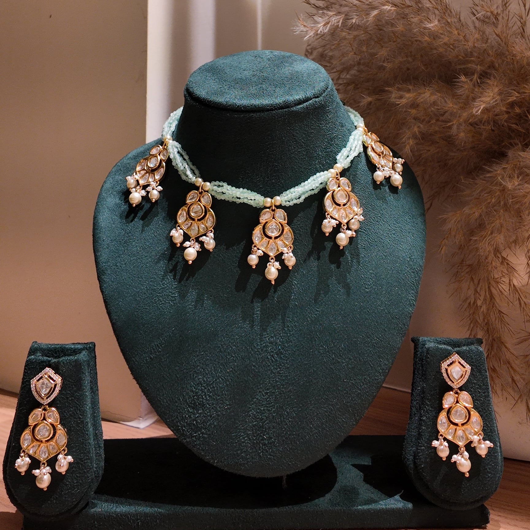 Mint Green Beaded Uncut Polki Necklace Set