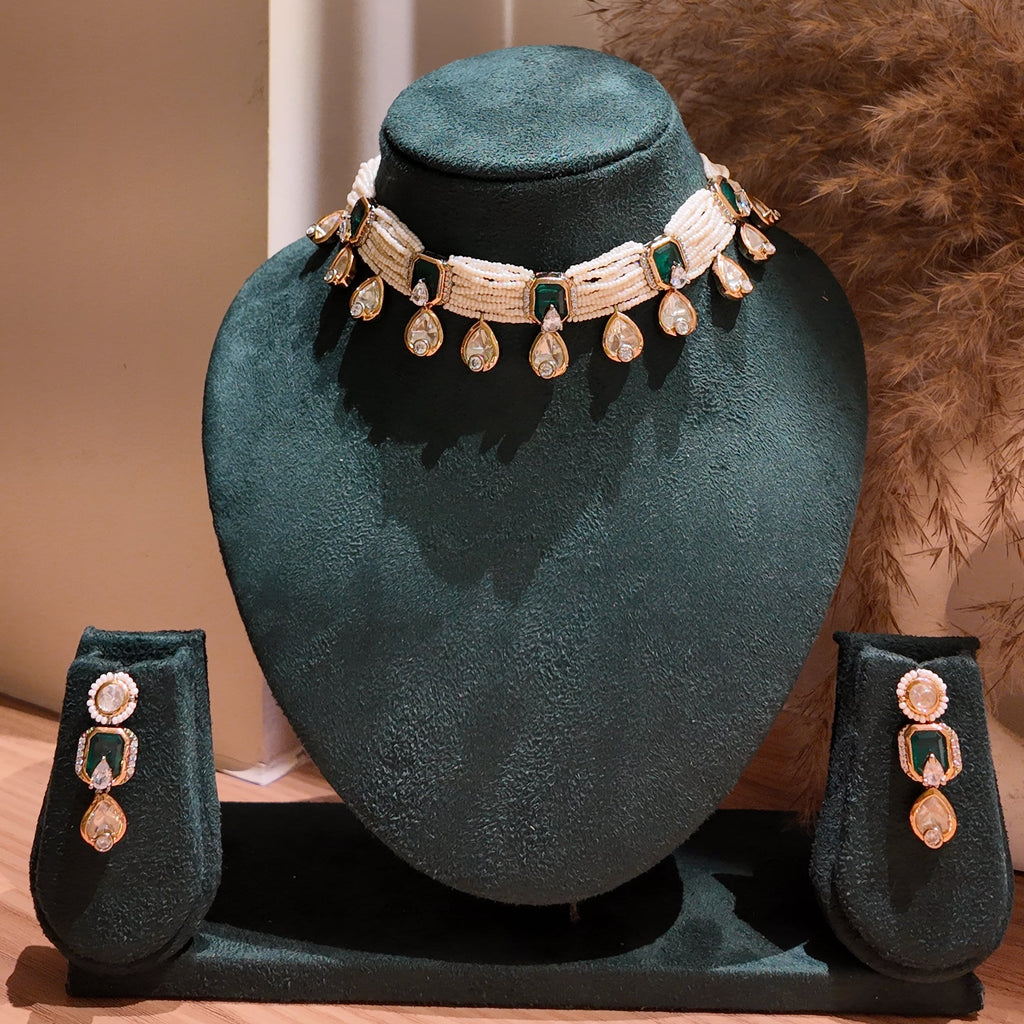 Multi-Strand Pearl & Emerald Uncut Polki Choker Set