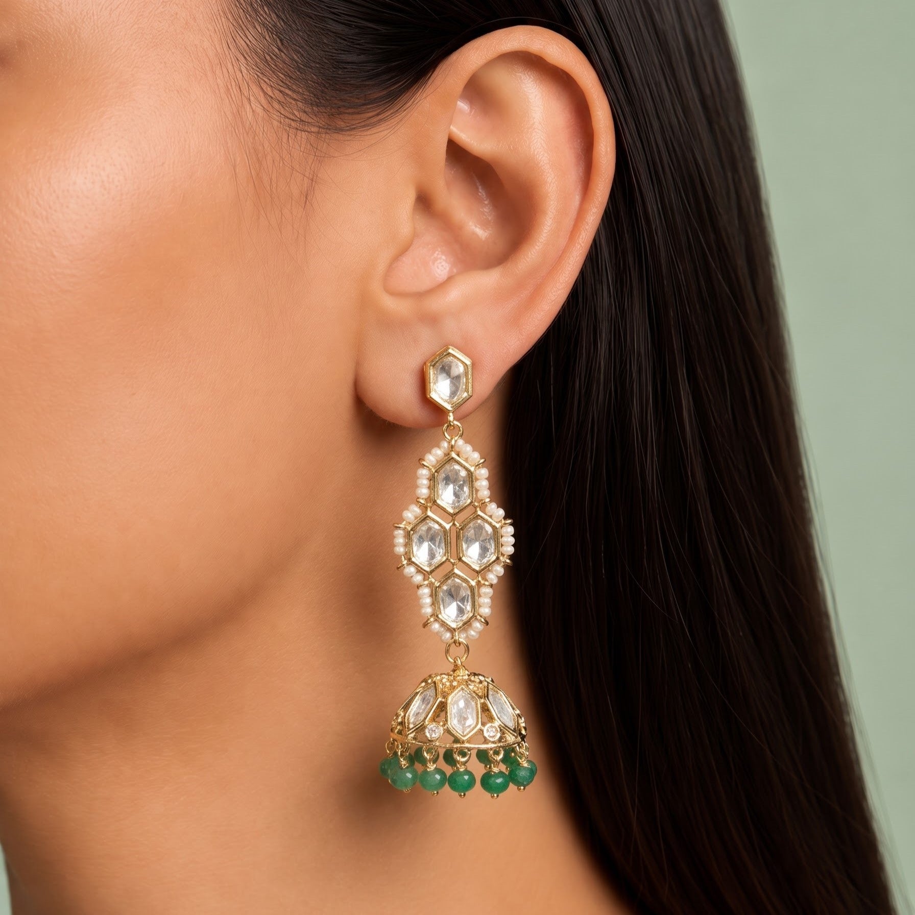 Exquisite Green Kundan Polki Jhumkas