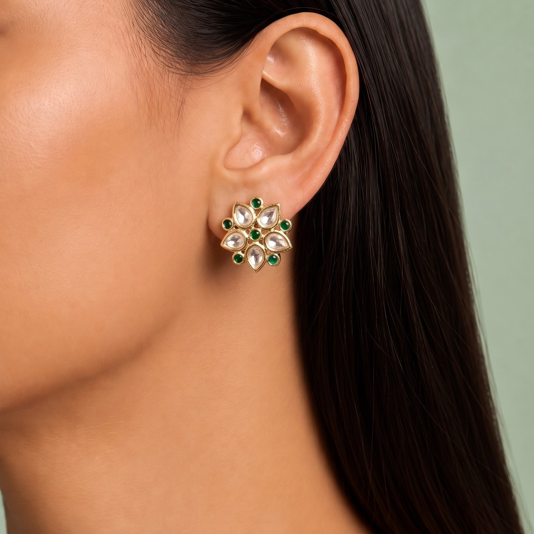 Delicate Green Kundan Studs