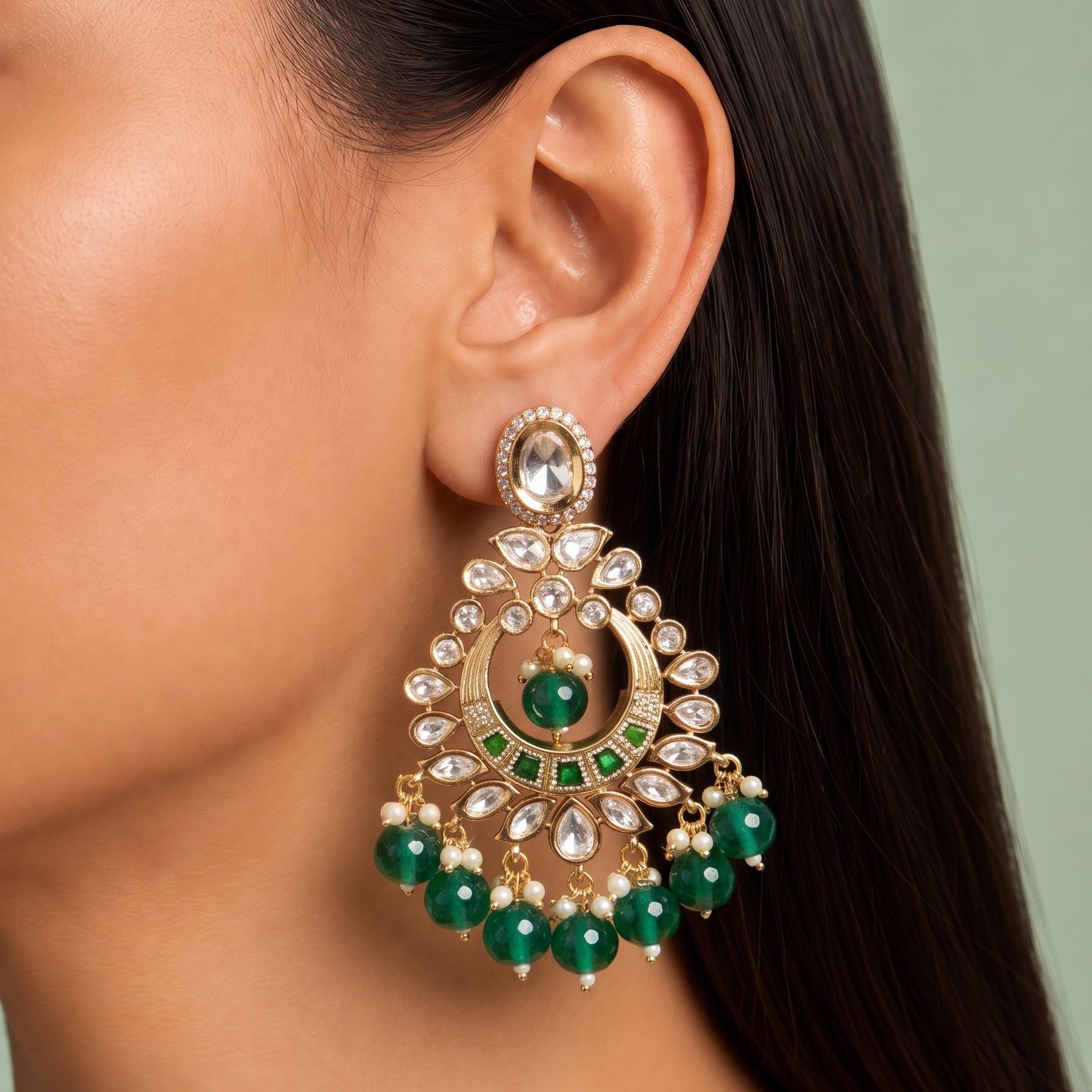 Regal Green Kundan & Polki Chaandbaali