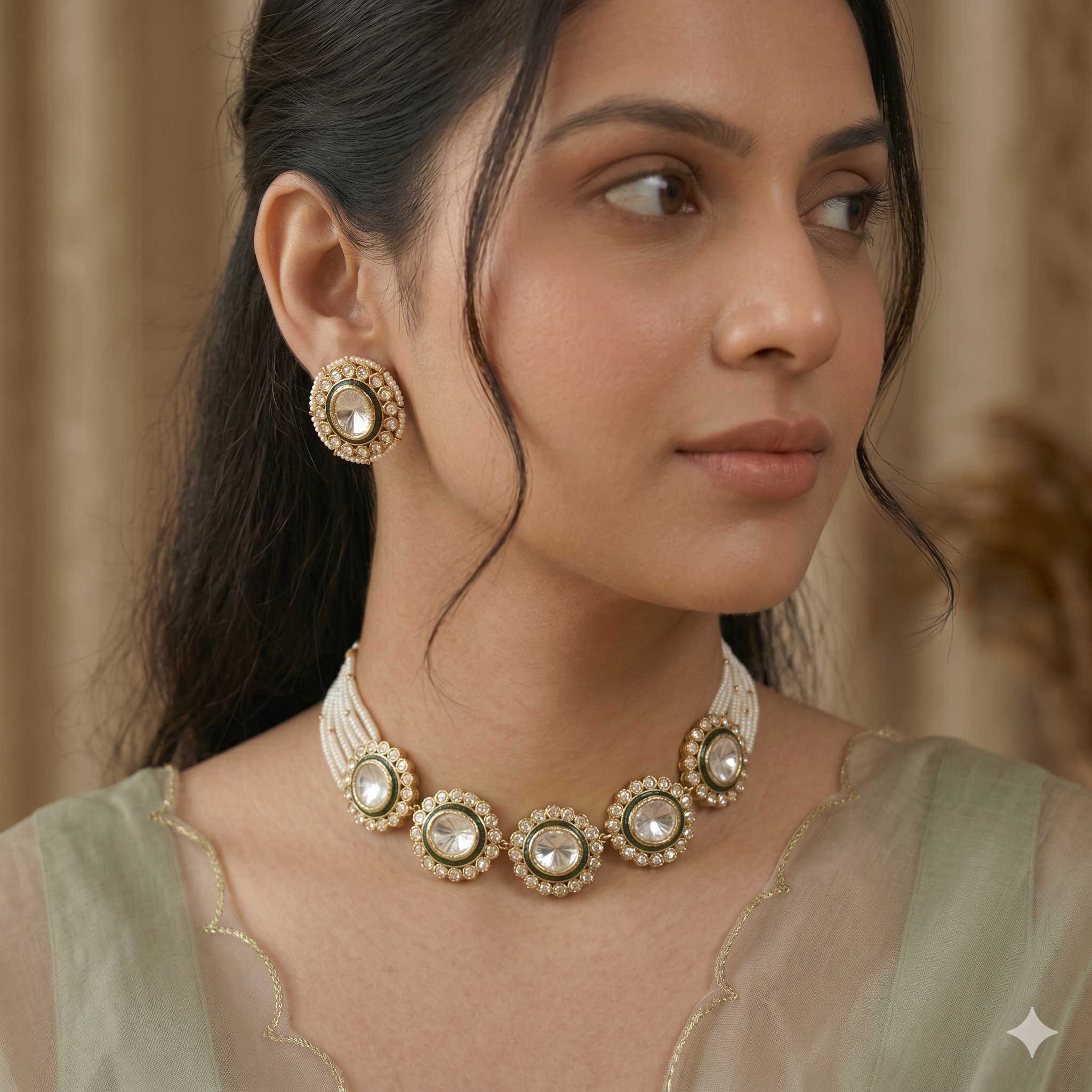 Modern Emerald Polki & Pearls Choker Set