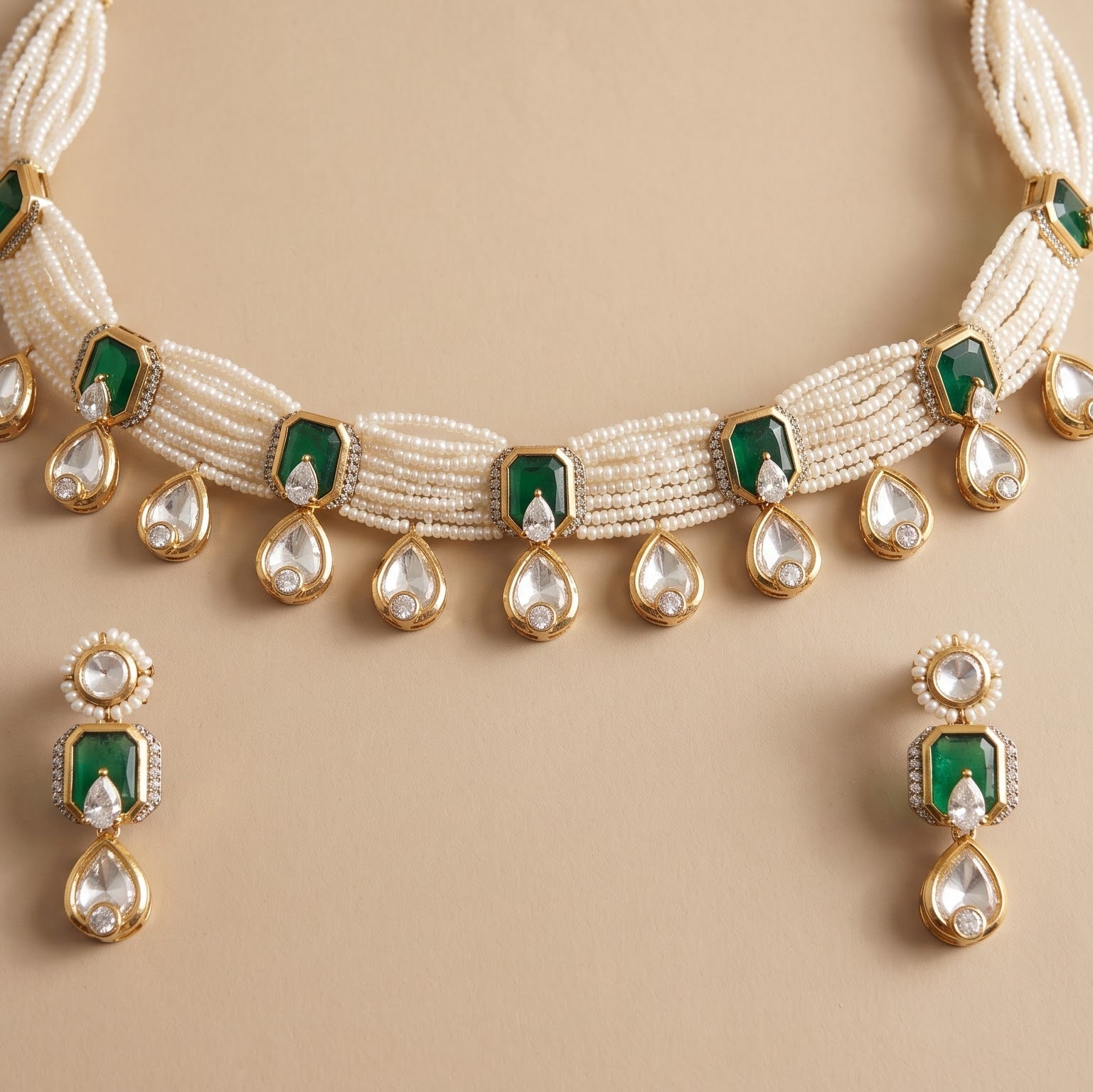 Multi-Strand Pearl & Emerald Uncut Polki Choker Set