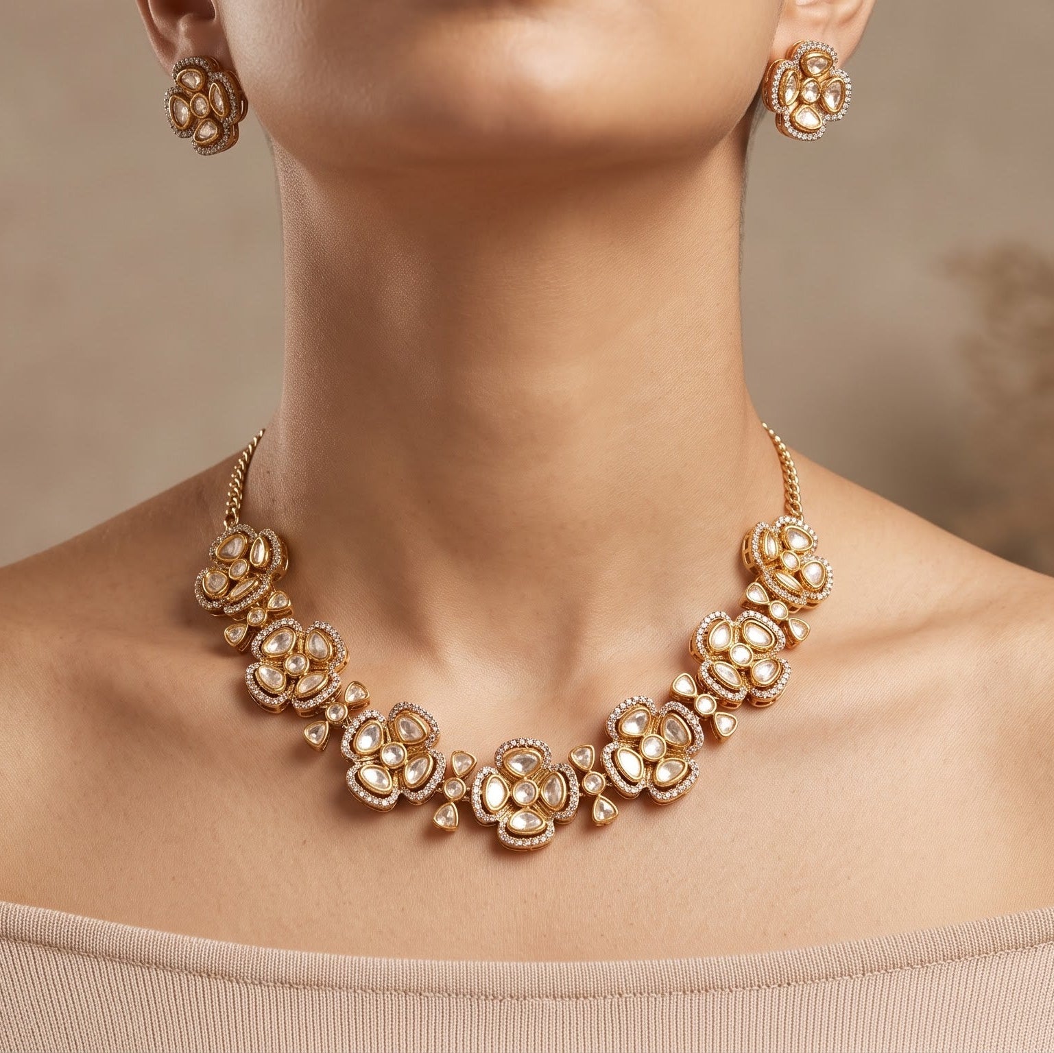 Floral Uncut Polki Necklace Set