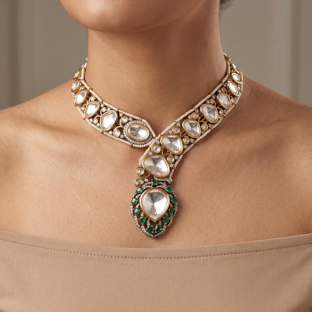 Emerald Bordered Uncut Polki Necklace Set with Maang Tikka
