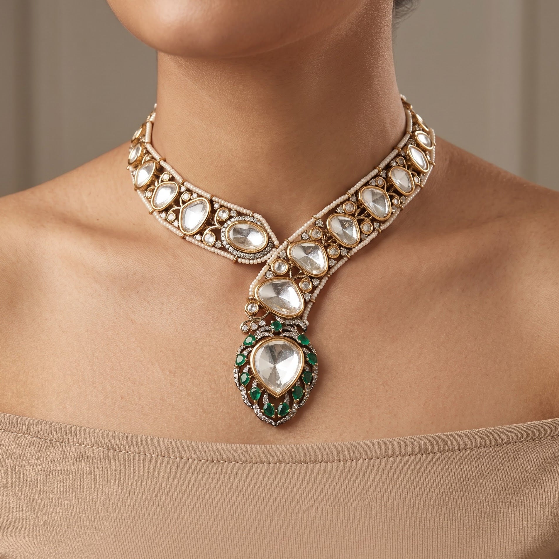 Emerald Bordered Uncut Polki Necklace Set with Maang Tikka