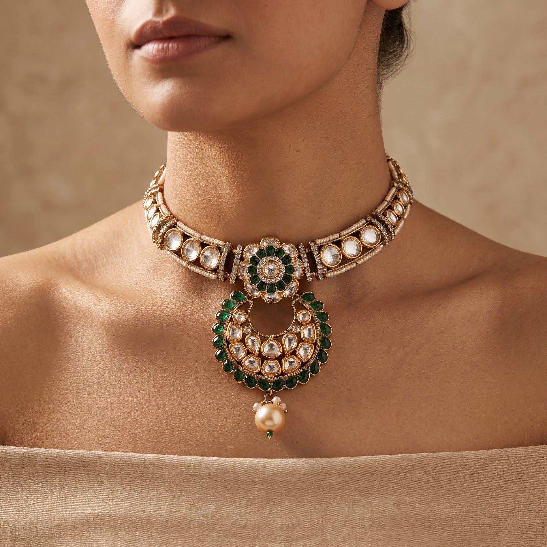 Emerald Green Uncut Polki Necklace Set with Maang Tikka
