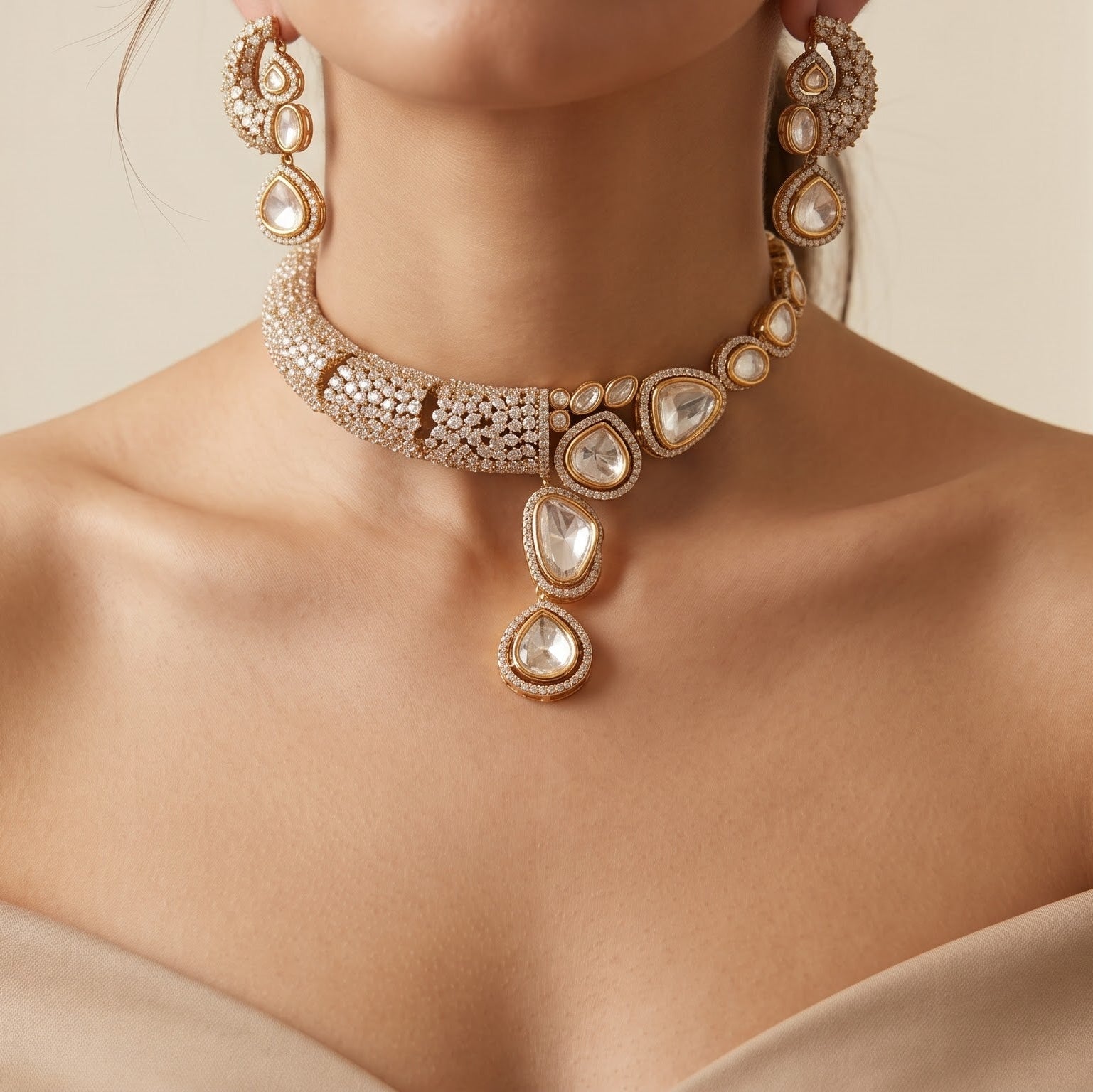 Asymmetrical Uncut Polki & Pavé Statement Necklace Set