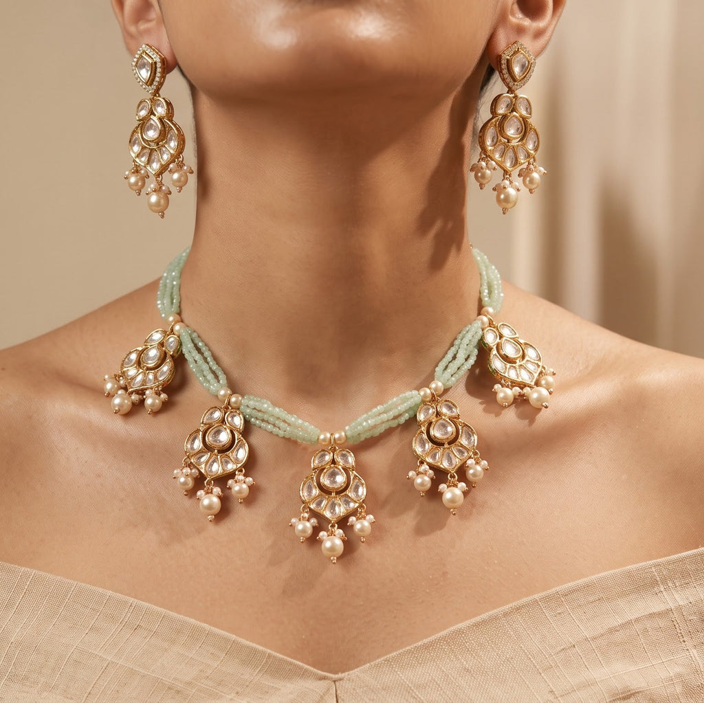 Mint Green Beaded Uncut Polki Necklace Set