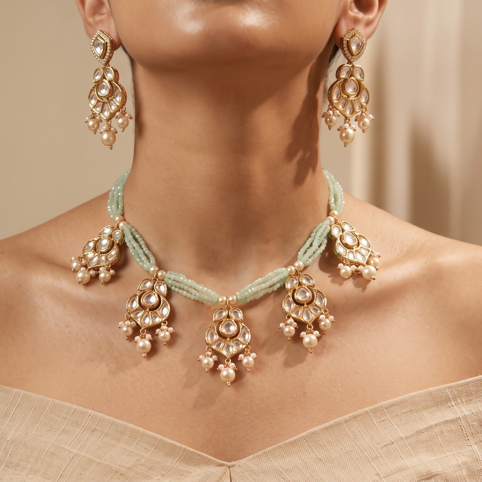 Mint Green Beaded Uncut Polki Necklace Set