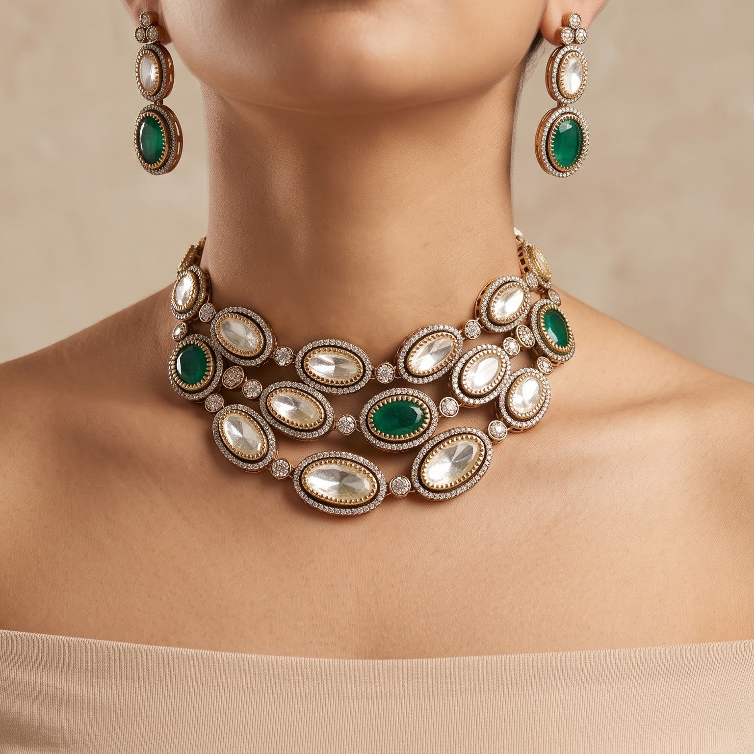 Emerald & Uncut Polki Multi-Tiered Statement Necklace Set
