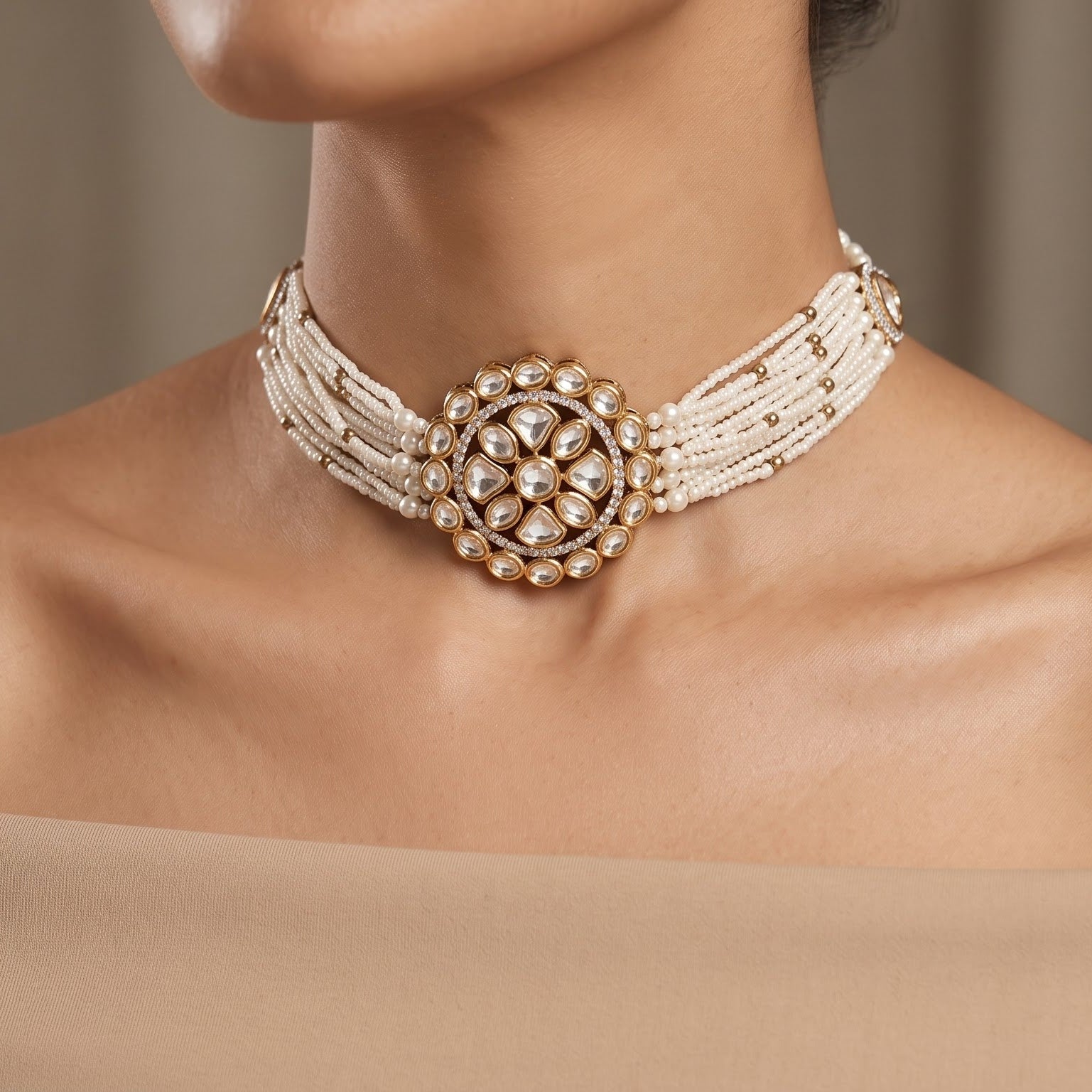 Multi-Strand Pearl & Uncut Polki Choker Set