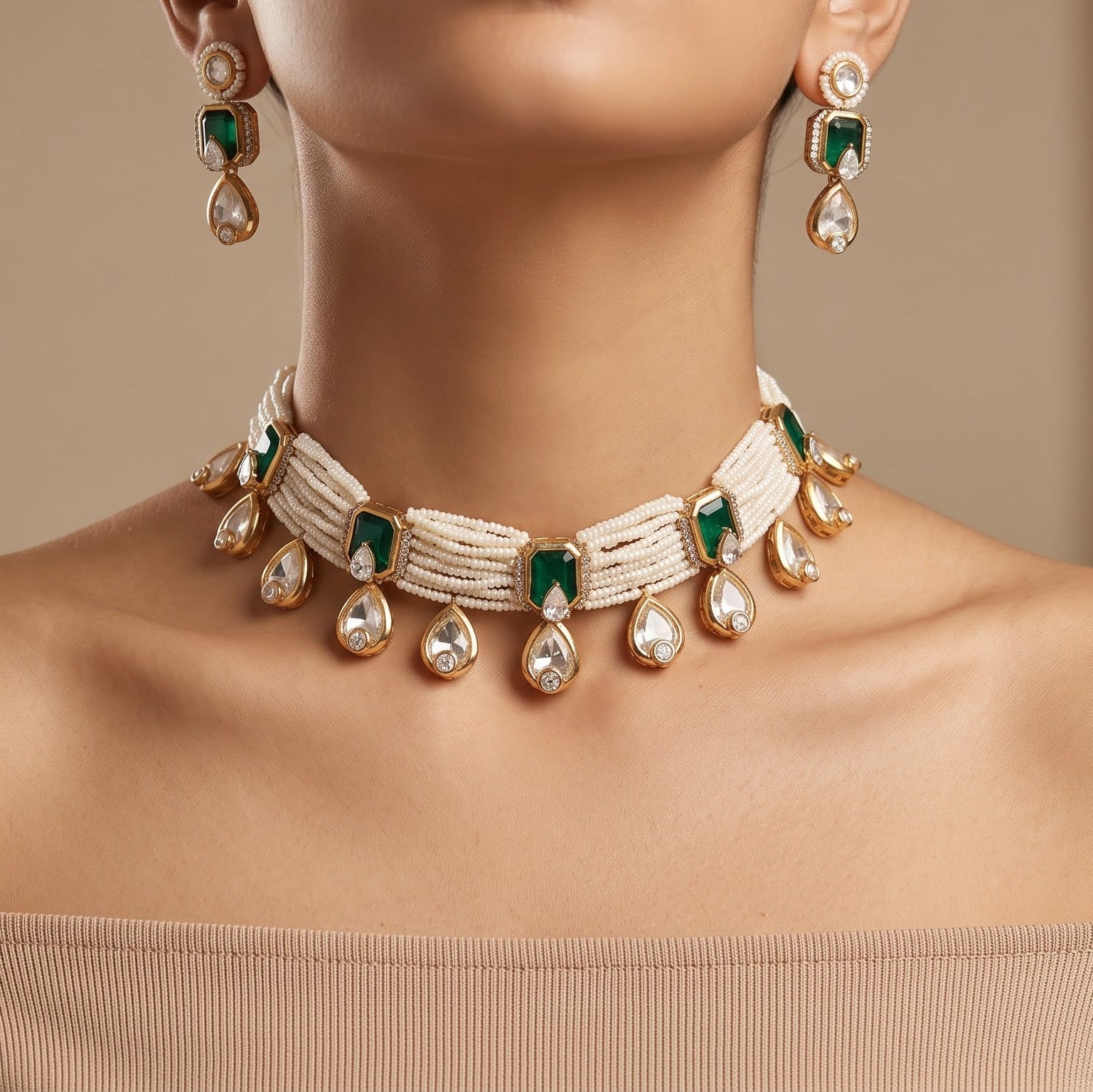 Multi-Strand Pearl & Emerald Uncut Polki Choker Set