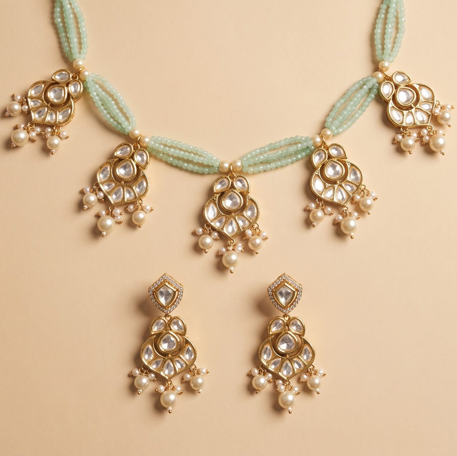 Mint Green Beaded Uncut Polki Necklace Set