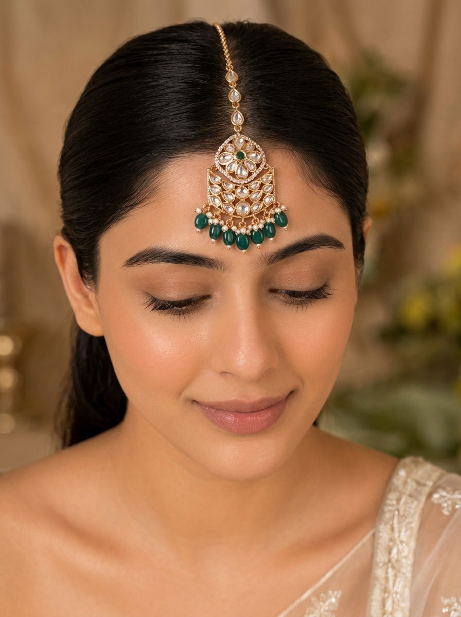 Emerald Majesty Kundan Maang Tikka