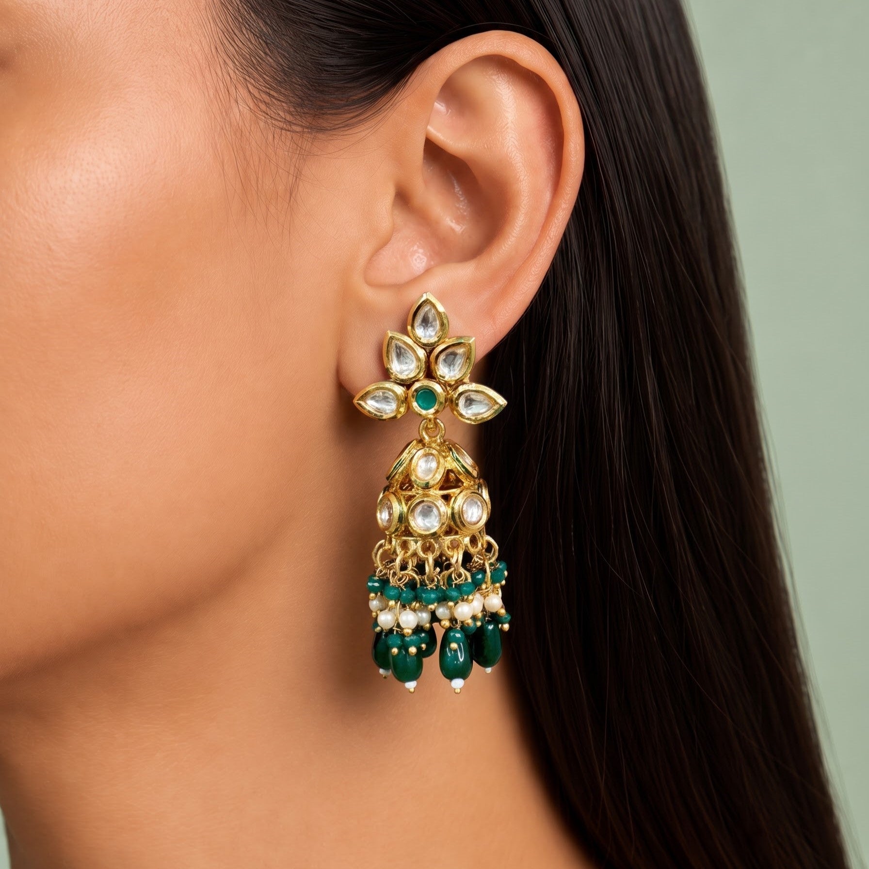Radiant Emerald Kundan Jhumkas