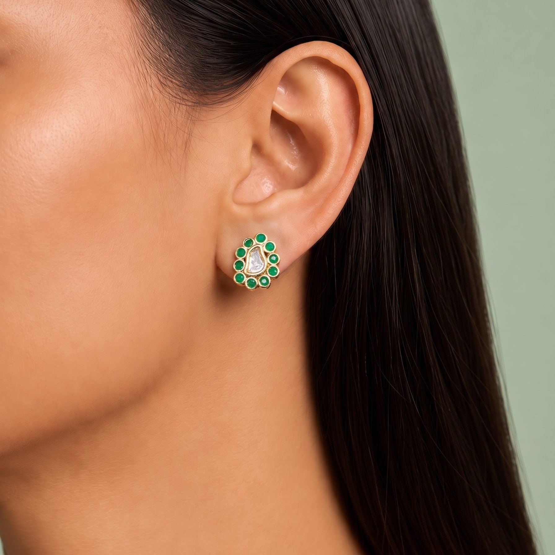 Modern Green Kundan Studs