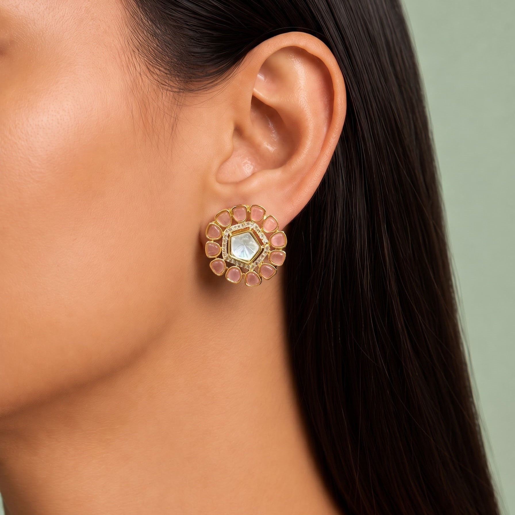 Graceful Pink Kundan & Polki Studs