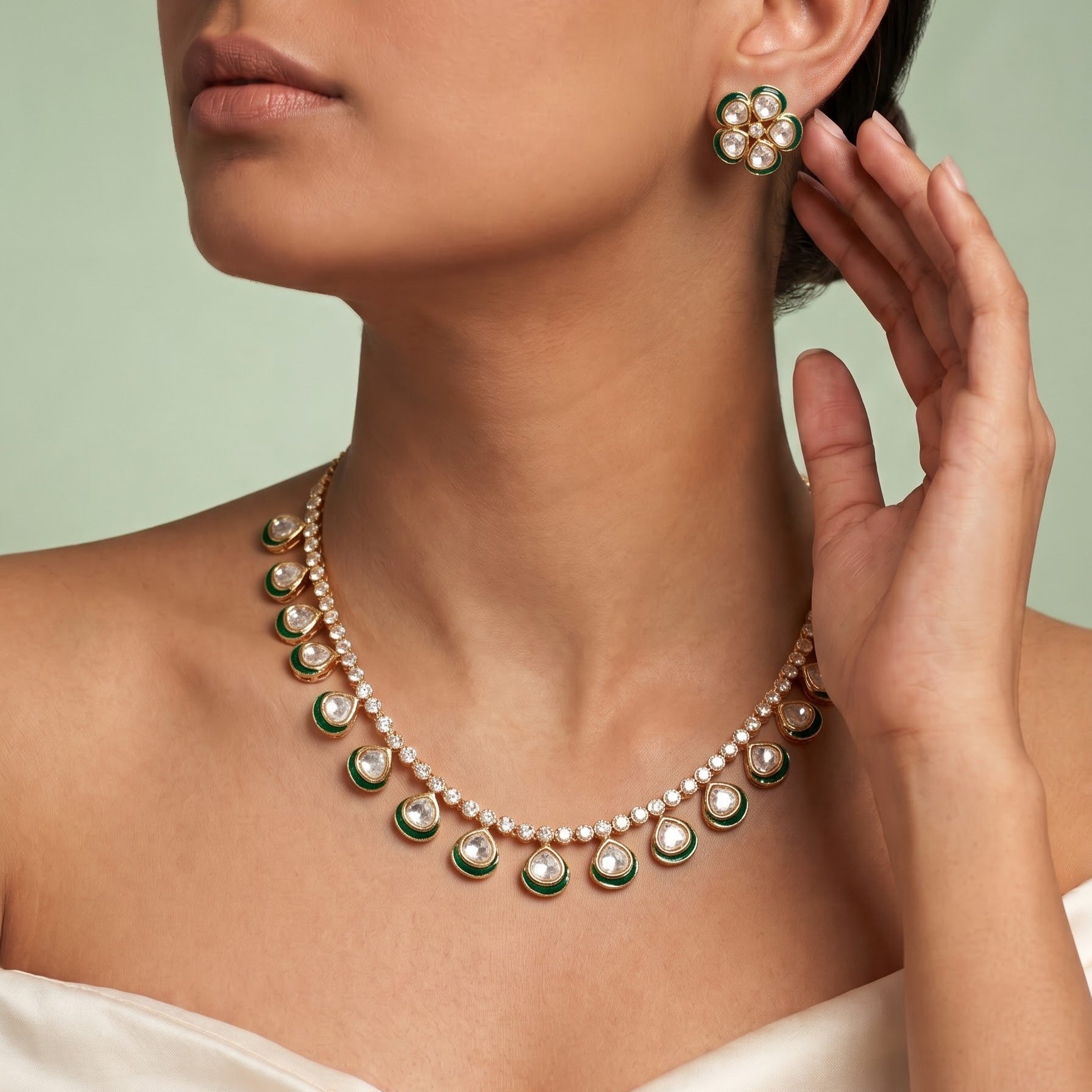 Minimalist Emerald Kundan & Polki Choker Set
