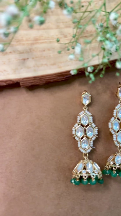 Exquisite Green Kundan Polki Jhumkas