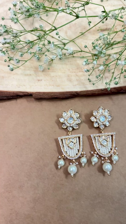 Lotus White Kundan Danglers